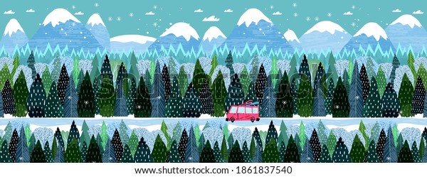 Vector illustration. Winter holidays and\
tourism. Winter landscape, mountains, forest, slope houses and ski\
resort. Scandinavian style\
illustration.