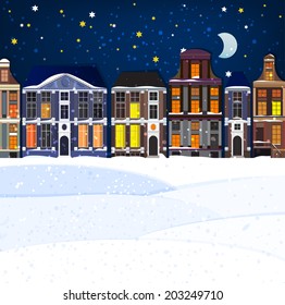 Vector illustration of winter Holland town landscape