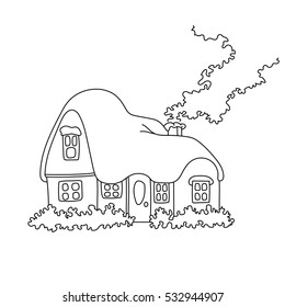 Vector illustration of winter home with snow. Coloring book page snowbound house