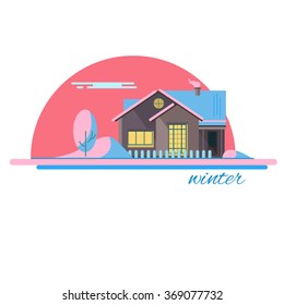 Vector illustration of a winter house evening or night. Home winter season. Winter evening landscape with house.Flat design vector illustration concept home on earth.  Family home. Pink sky. 
