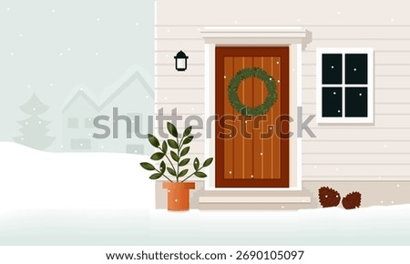 Vector illustration of a winter house facade in Scandinavian style. A wooden door decorated with a Christmas wreath, a window, a lamp, snowdrifts, and falling snow. A cozy winter landscape