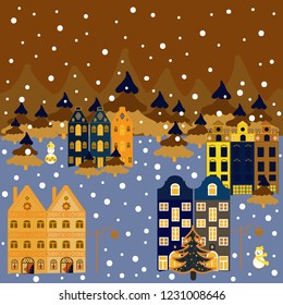 Vector illustration. Winter houses for Christmas and Christmas fabrics packaging paper and decor on brown, neutral and yellow colors.