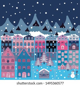 Vector illustration. Winter houses for Christmas and Christmas fabrics packaging paper and decor on pink, violet and blue colors.