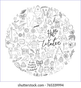 Vector illustration, winter images, isolated elements, winter symbols, Christmas and New Year. Forest animals, bear, fox, squirrel, bullfinch Hello winter Black and white line