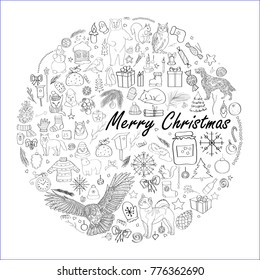Vector illustration, winter images, isolated elements, winter symbols, Christmas and New Year. Forest animals, bear, fox, squirrel, bullfinch. The inscription Merry Christmas Black and white line