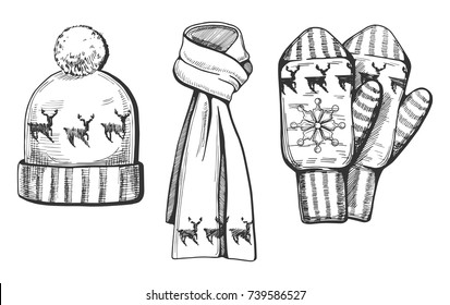 Vector illustration of a winter knitted items set: hat, scarf and mittens with deer print/ornament. Hand drawn engraving style.
