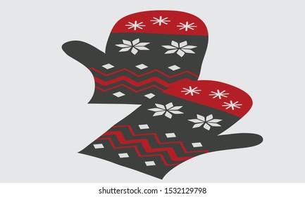 Vector illustration of winter knitted mittens Realistic wooden background with snowflakes. Winter holidays