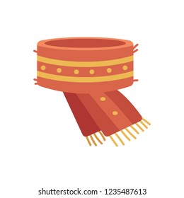 Vector illustration of winter knitted scarf for wearing around neck in cold weather in flat style - seasonal red woolen cloth with striped pattern isolated on white background.