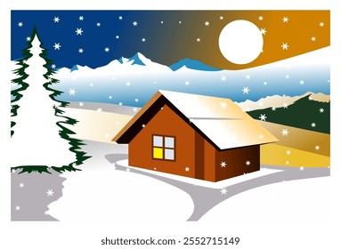 
vector illustration of a winter landscape background in the mountains with a house in front of it, as well as snowflakes, pine trees and the moon above it, suitable for backgrounds, wall decorations,