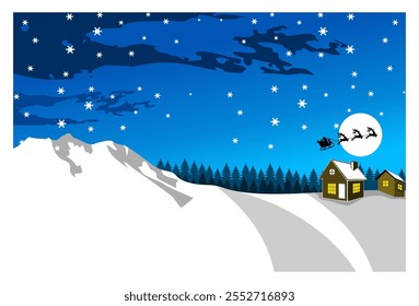 
vector illustration of a winter landscape background in the snow mountains complete with houses, flying deer, moonlight and snowflakes, suitable for backgrounds, wall decorations, Christmas themes.