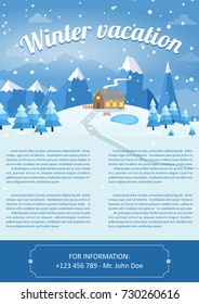 Vector Illustration of winter landscape background with pines, house and snowflakes