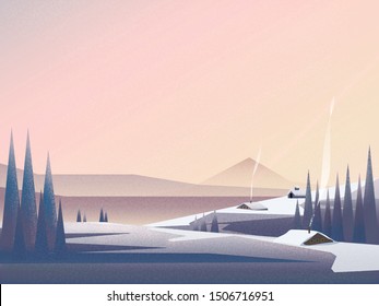 Vector illustration of winter landscape Banner of cabin in the mountain or peak. snow fir over the mountain.Concept of winter holiday.Image with noise and grain. 