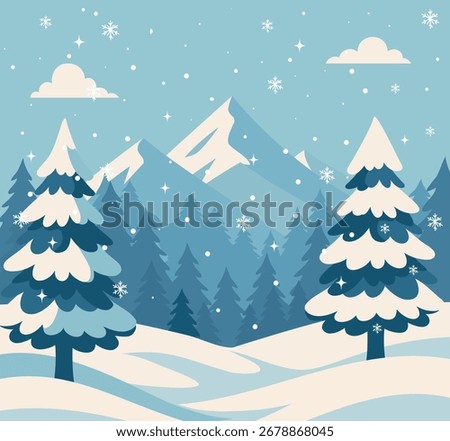 Vector illustration of winter landscape. Beautiful view of snowy forest, mountains in blue tones. Winter background for seasonal advertising, Christmas cards, seasonal promotions, banners, greetings