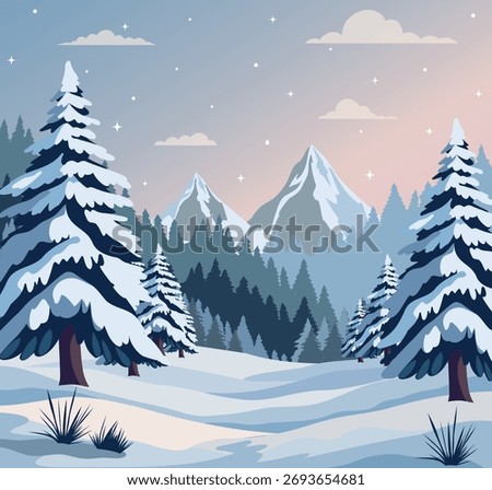 Vector illustration winter landscape. Beautiful sunset over a snow-covered forest, mountains in blue tones. Winter background for seasonal advertising, Christmas cards, promotions, banners, greetings