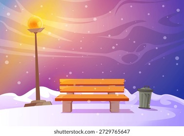 Vector illustration. Winter landscape - a bench under a street lamp against the background of the night sky.