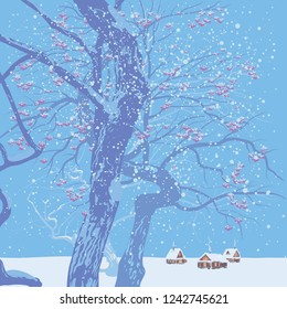 Vector illustration. Winter landscape with blue trees and village.