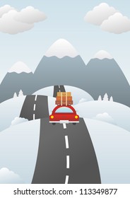 Vector illustration of a winter landscape with a car on road.