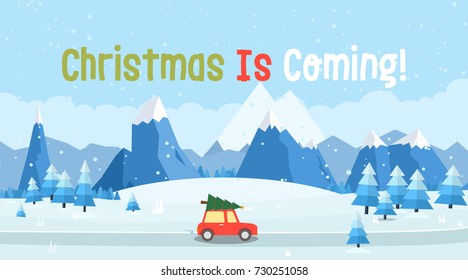 Vector illustration of winter landscape with car, pines and snowflakes