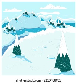 Vector illustration. Winter landscape in cartoon flat style. Blue hills and Christmas trees under white clouds. For a postcard, poster, banner.