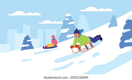 Vector illustration of a winter landscape with children descending from a slide. Cartoon scene of happy and smiling boys coming down a snow slide on sleds, silhouettes of houses and Christmas trees.