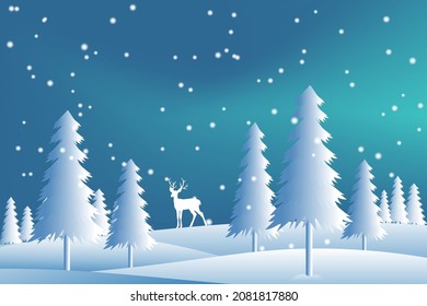 Vector Illustration of Winter landscape with Christmas tree and Reindeer and falling snow in night time