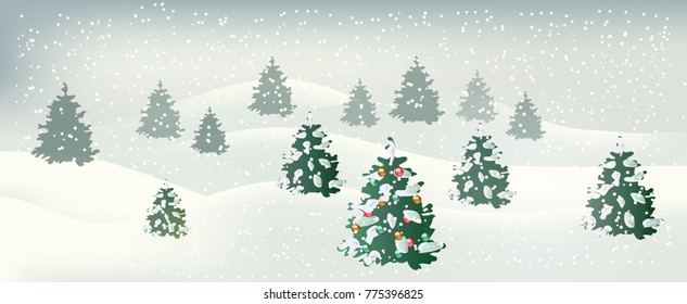 Vector illustration of winter landscape with christmas tree and snow covered fir-trees. Snowfall in the forest. Horizontal banner. Chrismas background
