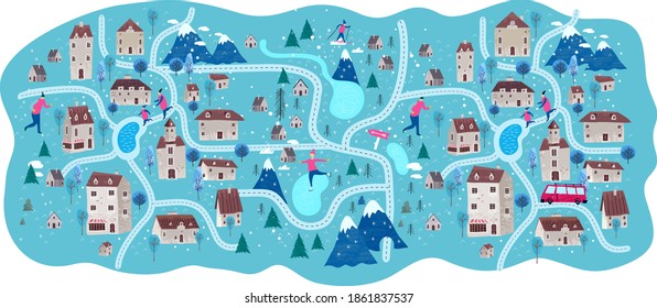 Vector illustration. Winter landscape, city, mountains, forest, slope houses and ski resort. Scandinavian style illustration.
