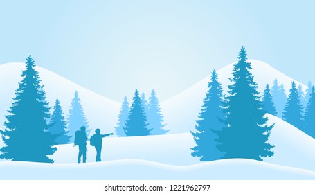 Vector illustration of winter landscape with coniferous forest with trees and two tourists, man and woman with backpacks. Snowy hill under winter gray and white sky - vector
