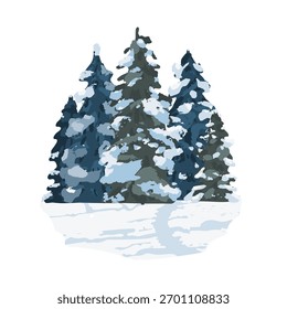 Vector illustration of a winter landscape with coniferous forest and snow. Snowy weather background. 