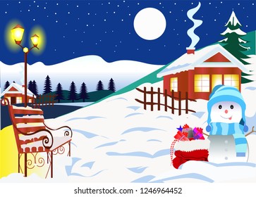 Vector illustration. winter landscape. cute snowman.