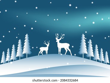 Vector illustration of Winter landscape with deer and pine tree and Northern light