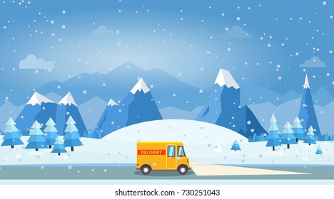 Vector Illustration Of Winter Landscape With Delivery Van, Pines And Snowflakes