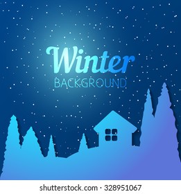 Vector illustration of a winter landscape. Evening falling snow. Fir trees, small hut silhouette. Paper style with shadow