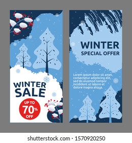  Vector illustration with winter landscape and falling snowflakes. Illustration for special offers with copy space for description and discount offer
