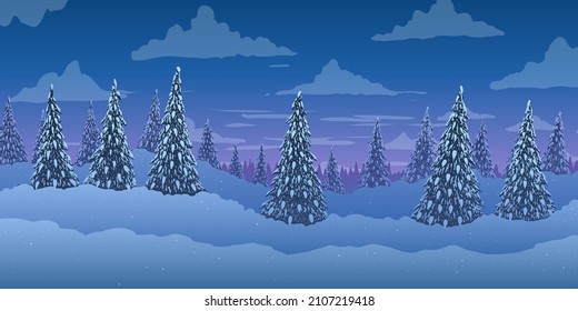 Vector illustration of winter landscape. Fir trees forest on hills