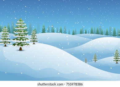 Vector illustration of Winter landscape with fir trees and snowy hills