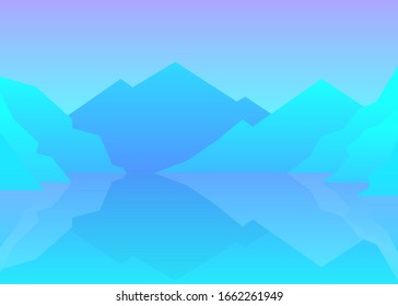  Ilustración vectorial. Paisaje invernal en un estilo policlonal minimalista plano. Montañas con nevadas, Iceberg en el océano.  Antecedentes árticos. El clima diurno soleado.Paisaje abstracto. Papel pintado de nieve