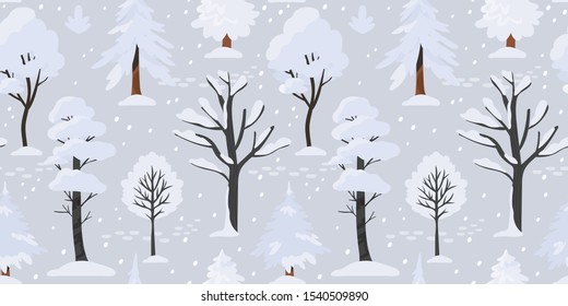 Vector illustration of a winter landscape with a forest covered with snow. Seamless pattern with snowy scenery that can be used for wrappingpaper, packaging design, textile and other decor background.