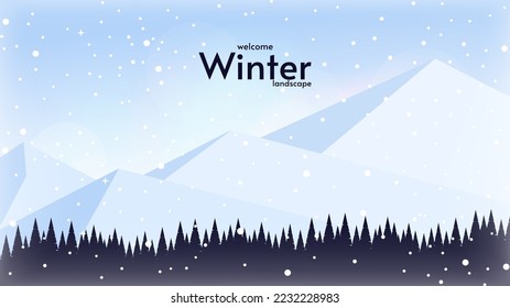 Vector illustration. Winter landscape with forest on foreground and mountains on background with blue sky. Design for wallpaper, background, invitation.