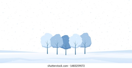 Vector illustration: Winter landscape with frozen trees on snowy field.