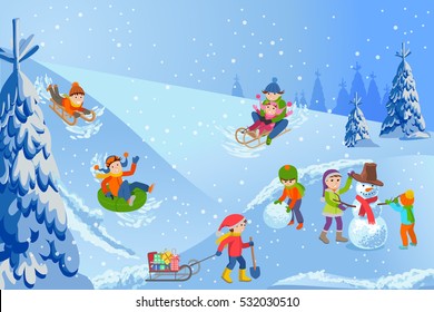 Vector illustration of winter landscape happy children playing with snowman walking outdoor.