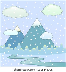 The vector illustration of the winter landscape with the  high mountains under the blue sky near the river and forest
