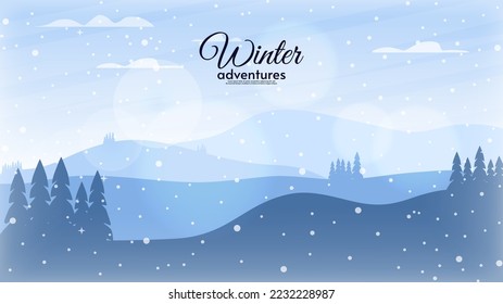 Ilustración vectorial. El paisaje invernal. Colinas con montañas y árboles. Ilustración vectorial de estilo plano. Cielo azul con nubes.