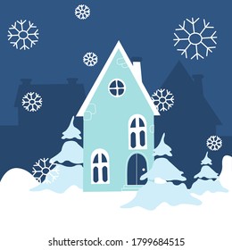 Ilustración vectorial del paisaje invernal con casa en la nieve. postal de Navidad.