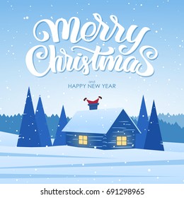 Vector illustration: Winter landscape with house and Santa Claus in the chimney