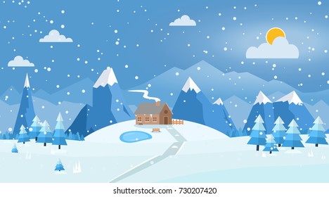 Vector illustration of winter landscape with house and road, pines and snowflakes. Cold sunny day in mountains.