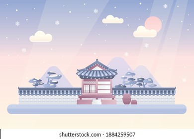 Vector illustration of a winter landscape with a Korean traditional house.