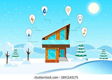 Vector illustration of winter landscape with modern, smart house, trees and concept icons. Flat style banner design for smart home.