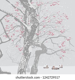 Vector illustration. Winter landscape. Mountain ash in the snow against the village.