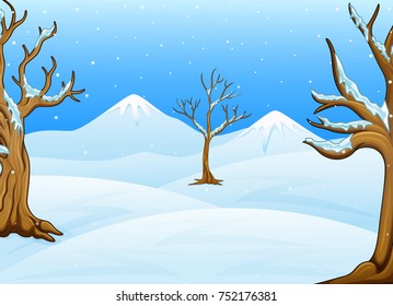 Vector illustration of Winter landscape with mountain and bare trees